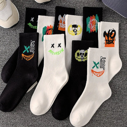 5/10 Pairs of High-Quality Couple's Fashionable Sports Socks With Graffiti Patterns Soft and Comfortable Men's Oversized Socks