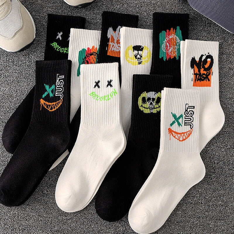5/10 Pairs of High-Quality Couple's Fashionable Sports Socks With Graffiti Patterns Soft and Comfortable Men's Oversized Socks