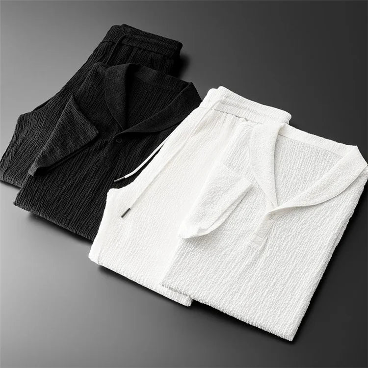 Summer Linen Set Men's Short Sleeve T-Shirt Tang Suit Style Casual Men's Wear Complete Set Lightweight Ice Silk Material