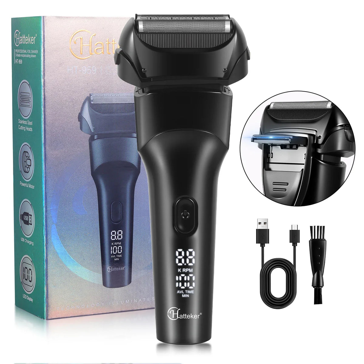 Hatteker 5-D Reciprocating Shaver for Men Home Use Beard Trimmer with LCD Digital Display Mesh Whitener USB Haircut Machine
