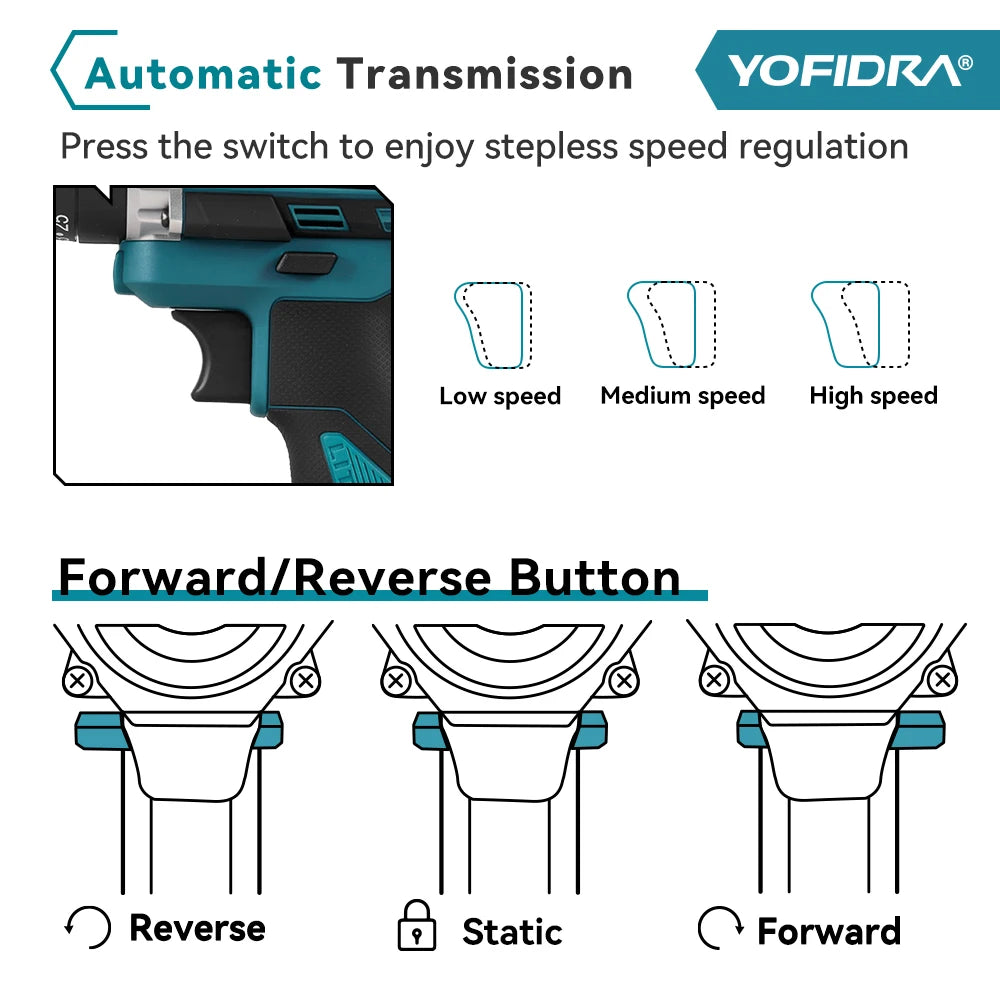 YOFIDRA 3 IN 1 25+3 Torque Electric Impact Drill  Handheld Cordless Impact Drill Woodworking Power Tool For Makita Battery Pin