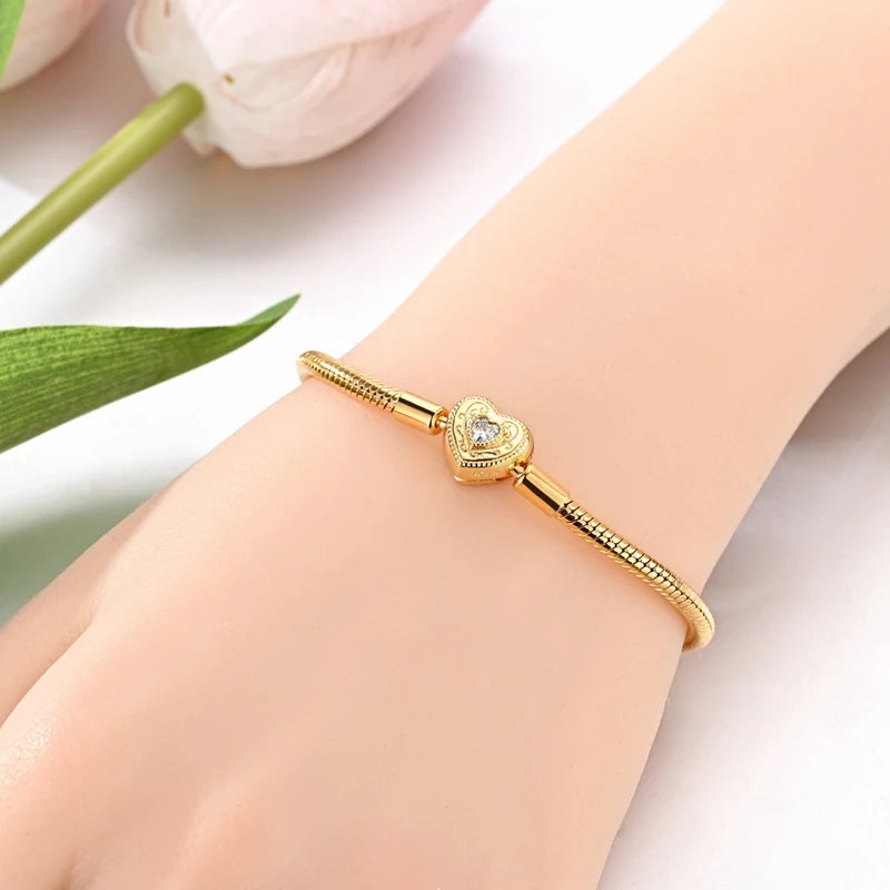 Original Bracelet 925 Sterling Silver Charm Bracelet 17-20CM Golden Heart Love Key Clover Bracelet Bangle Women Jewelry Gift