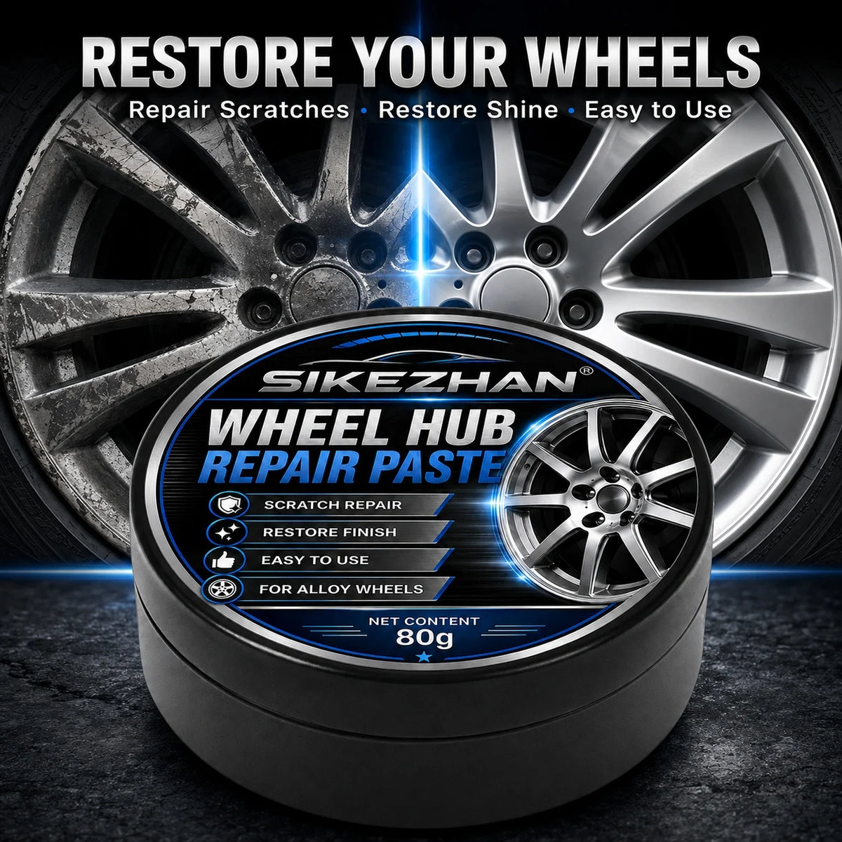 SIKEZHAN 80g Car Wheel Hub Repair Paste,Scratch & Oxidation Remover, Color Restorer and Polish Wax for Alloy Chrome Rims & Tires