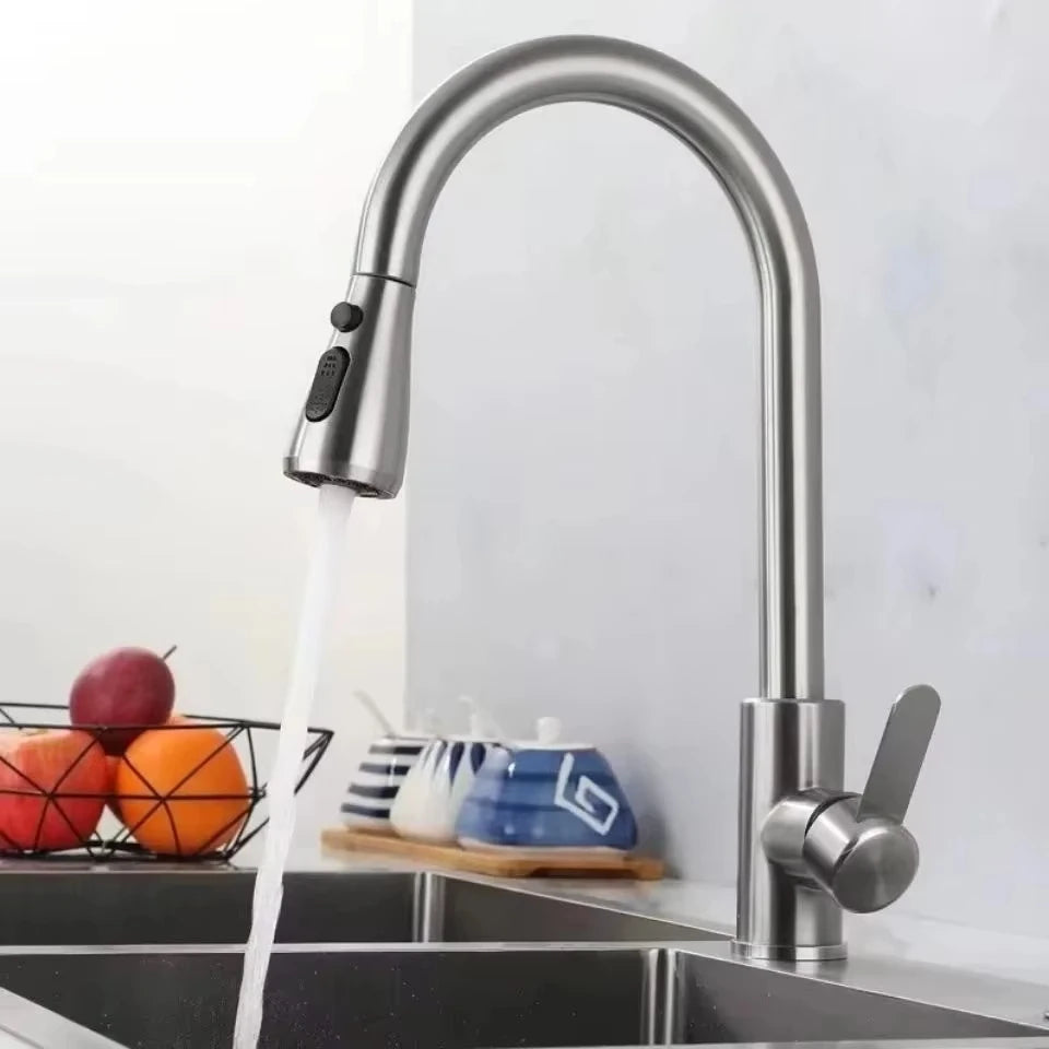 304 Stainless Steel Pull out Kitchen Faucet Deck Mounted Sink Water Tap with Mixer Stream Sprayer Head Hot Cold Taps for Kitchen