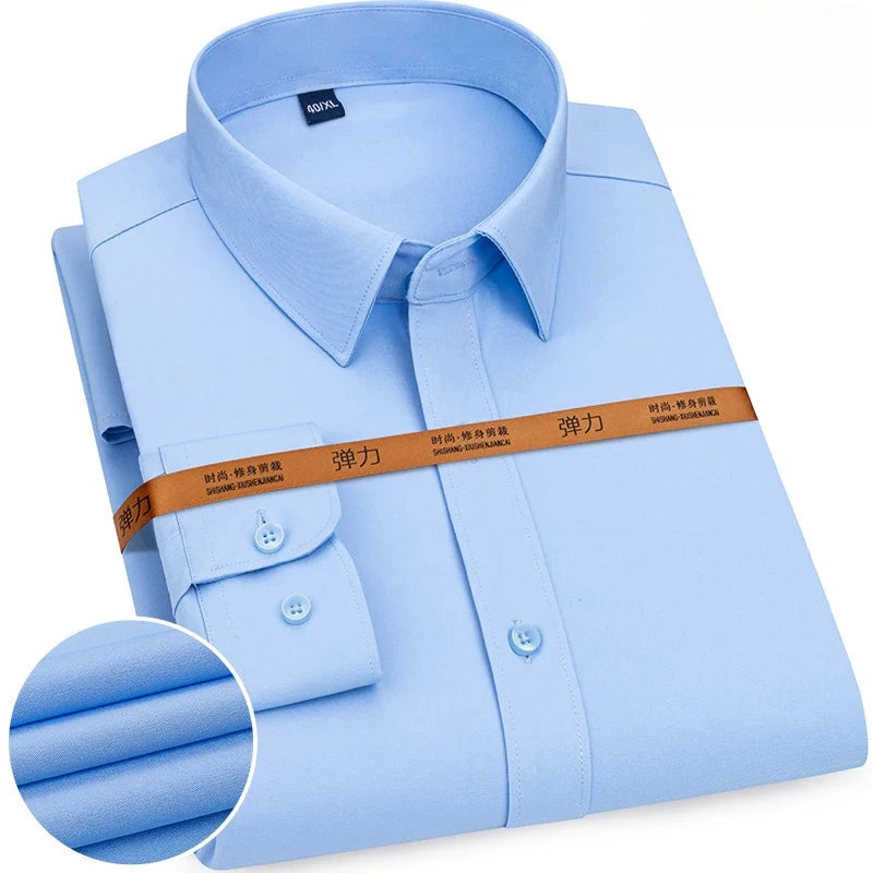 New Men's Solid Color Business Shirt Formal Fashion Thin Classic Basic Casual Slim White Long Sleeve Social Shirt Men Clothes