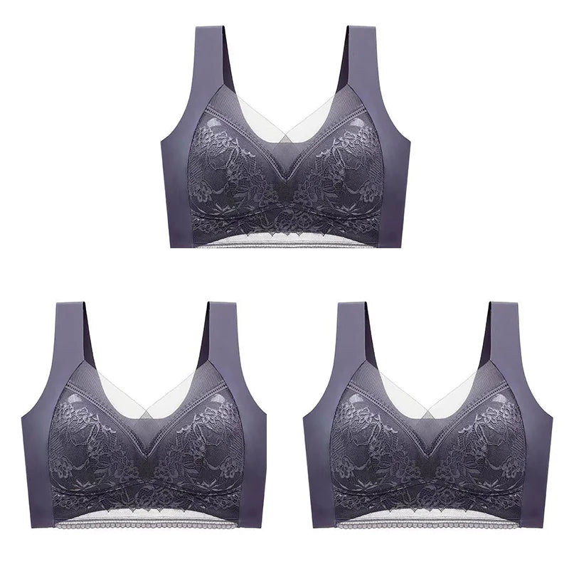 3Pcs Women Lace Bra Perspective Push Up Ice Silk Deep V Bralette Bra Sexy Lingerie Tops Plus Size Cup Mom's underwear L-5XL