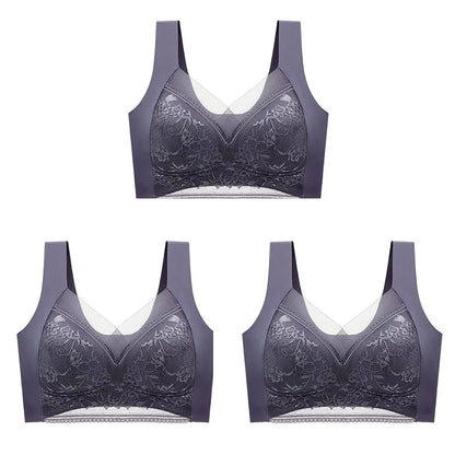 3Pcs Women Lace Bra Perspective Push Up Ice Silk Deep V Bralette Bra Sexy Lingerie Tops Plus Size Cup Mom's underwear L-5XL