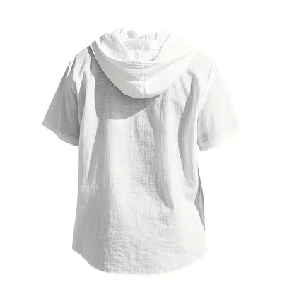 Cotton Linen Shirt for Men Hooded Short Sleeve Solid Color Breathable Lightweight Drawstring Design Shirts Casual Basic Tees