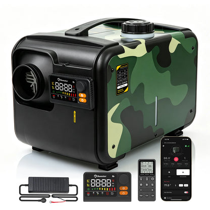 Sunster Portable Camo Diesel Air Heater 8KW with Handle 12/24V 110-240V All in One Smart Heater 35dB Quiet Fast Heat No Cold Air CO Monitor Kit for Motorhome Trailer Pickup Camping