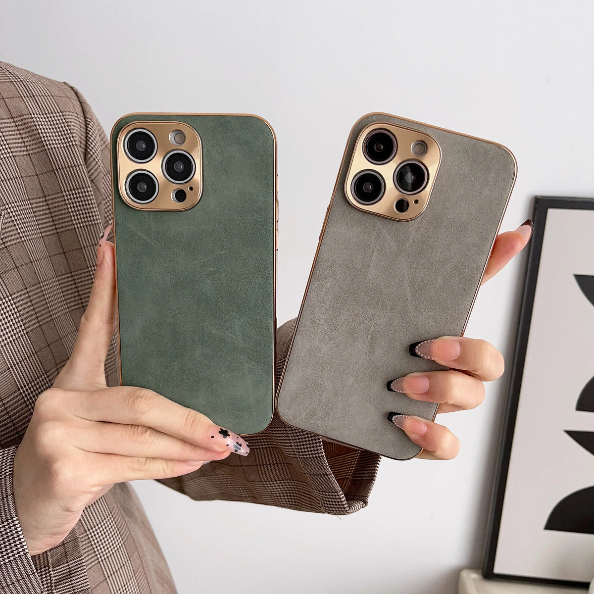 Leather Phone Case For Iphone 13 11 12 14 15 16 17 ProMax Plus Electroplated Frame Lambskin Phone Shell For IPHON 15 16 17Promax