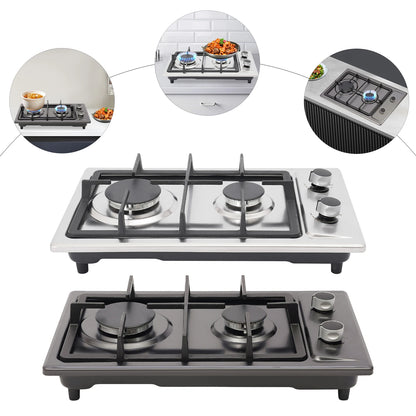 2-Burner Stainless Steel Gas Hob 3KW+1.75KW Portable Gas Stove Countertop/Flush Mounted 51*31*10cm