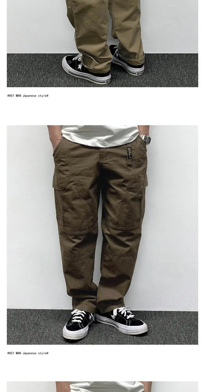 Autumn Men's Pants Multi-Pocket Cargo Pants Retro Solid Color Simple Loose Button Elastic Strap Casual Pants