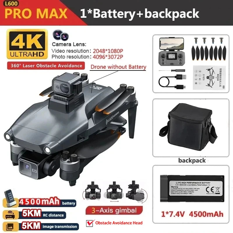 L600 PRO / L600 PRO MAX Drone 4K Professional HD Dual Cameras 3-axis Gimbal 5G WIFI Brushless Obstacle Avoidance Security Drone