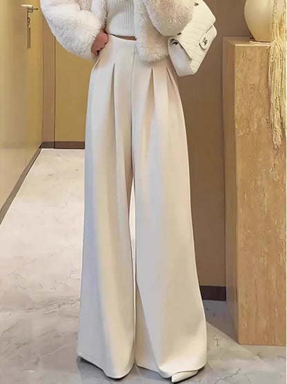 New European Retro High-end Pleated High-waisted and Thin, Super Good-looking White Drape Floor Pants for Women