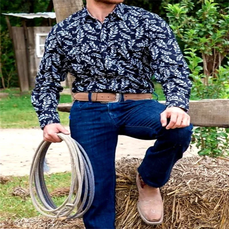 2024 Men's Long Sleeve Western Denim Shirt, Outdoor Casual Party, HD Pattern, Soft and Comfortable Button Lapel T-shir