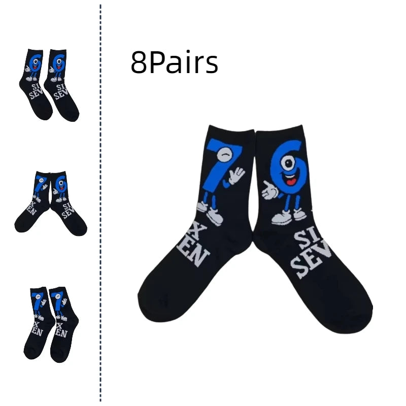 Cross Border New Arrival 67 Cartoon Number Socks Funny Letter Mens Mid Calf Socks