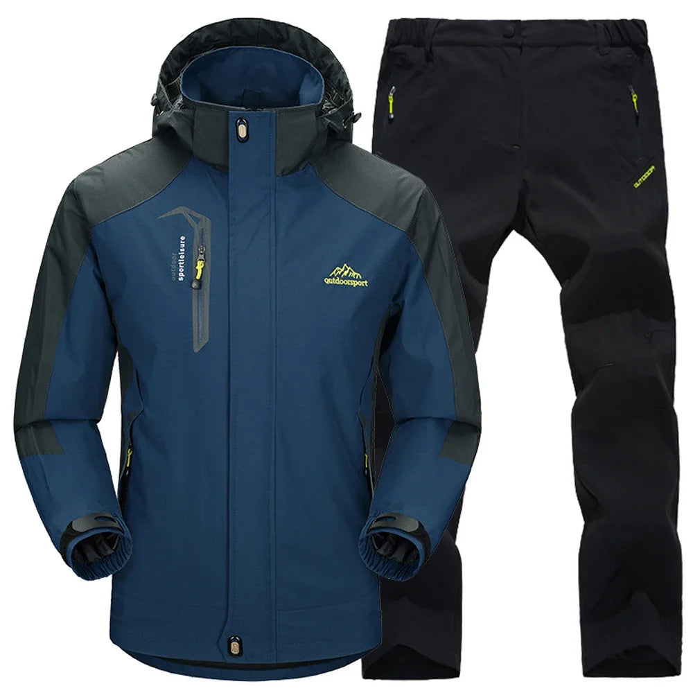 Outdoor Jacket Pants Sets Men Fleece Thermal Waterproof Windproof Hooded Jackets Hiking Military Trip Mountain Camping Clothes