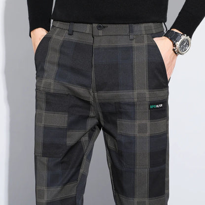 Autumn Winter Luxury Plaid Check Pattern Casual Pants Men Thick Business Elastic Waist Slim Fit Korean Pocket Long Trousers Male