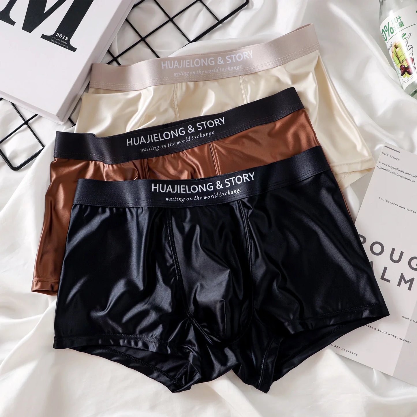 1/3Pcs Breathable Thin Satin Silk Boxer Briefs Seamless Mid Waist Ice Silk Boxers Underpants Smooth Underwear for Men Daily