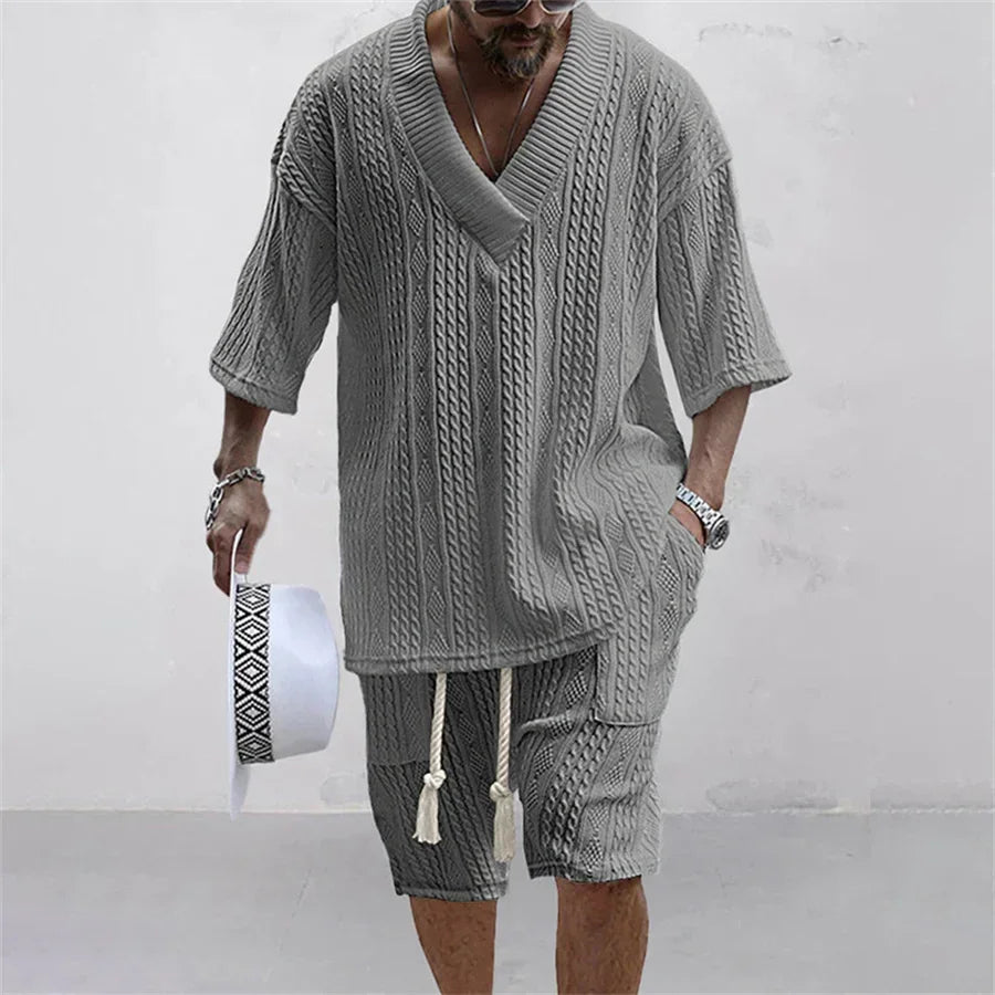 Men Shorts Set Summer Casual Knitted Two Piece Men's Clothing V-Neck Short Sleeve T-shirt and Shorts Streetwear Knit Outfits