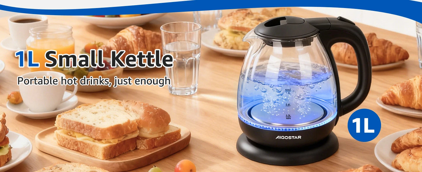 Aigostar Elfin Mini Borosilicate Glass Kettle with LED Lighting, 2200 W, 1 L Capacity, BPA-Free, Fast Boiling, Vacuum Protection