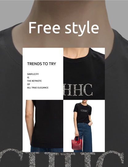 CHCH Summer Women's Elegant T Shirt Casual O-neck Pure Cotton T-Shirt Women Fashion Letter Diamonds Versatile Short Sleeve Tops