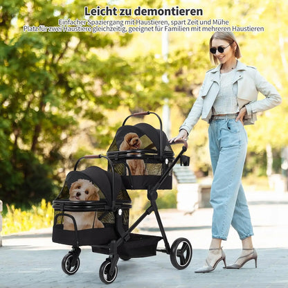 Dog Pushchair Foldable Pet Trolley with 2 Removable Dog Crate Bag for Two Small Dogs Cats Load Capacity Up To 15 Kg Per Level
