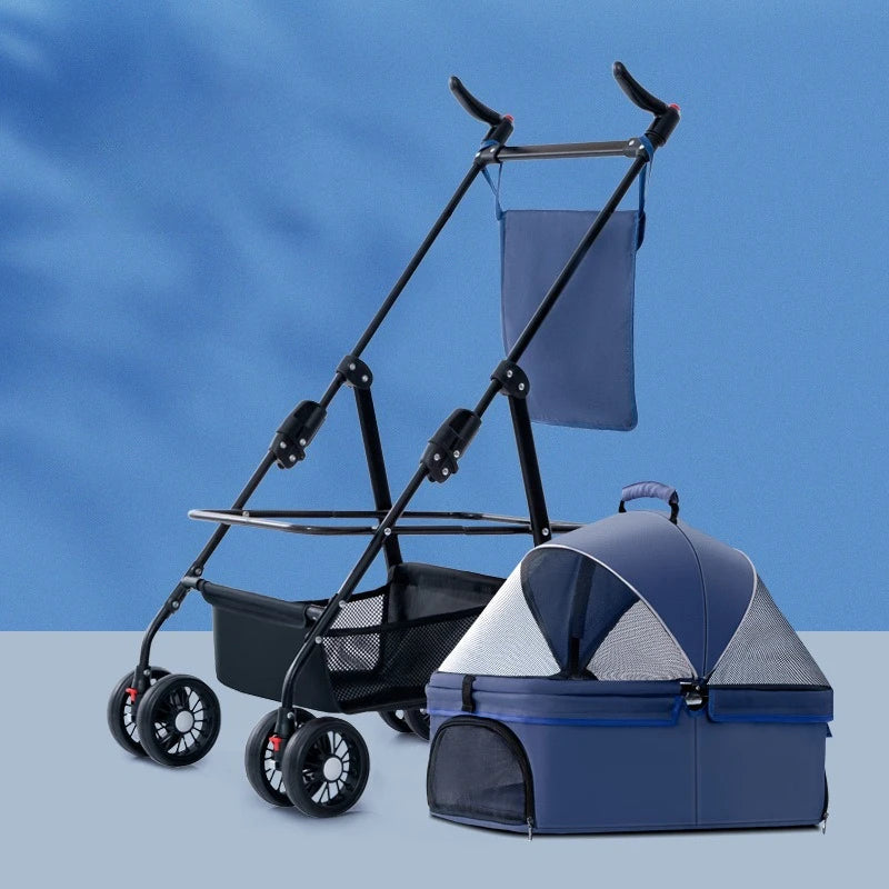 4 Wheel Foldable Pet Stroller Detachable Carrier for Small Dogs Cats, Lightweight Travel Pet Cart with Breathable Mesh