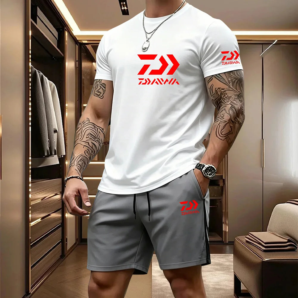 2026 Summer Men's Short Sleeved T-shirt Drawstring Shorts Set Breathable Outdoor Sports Set Men's Daily Fishing Suit