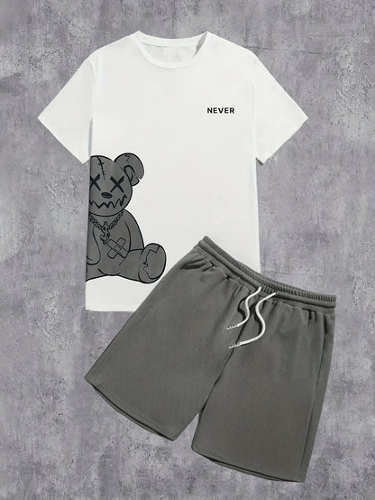 2026 Summer Casual Short-Sleeve Fashionable Breathable Sports Set Loose-Fit Quick-Dry Men's Short-Sleeve Hip-Hop Bear Print Set