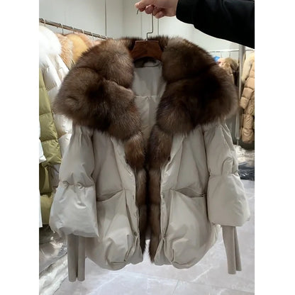 2024 Winter Women Warm Coat Oversized Real Fox Fur Collar Thick Luxury Outerwear New Fashion 90% Goose Down Jacket
