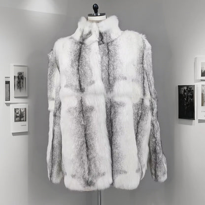 Women Real Rabbit Fur Coat High Collar Winter Jacket Make of One Rabbit Fur Cross Mink Pattern