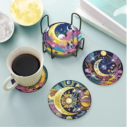 8pcs/Set DIY Diamond Painting Coasters with Holder Anti Slip Wood Drip Mats Crystal Rhinestones Diamond Art Coasters for Adults