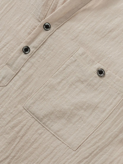Summer Men's Cotton and Linen Shirt Casual Short Sleeved Stand Up Collar Top Breathable Loose Men's Fashionable Streetwear