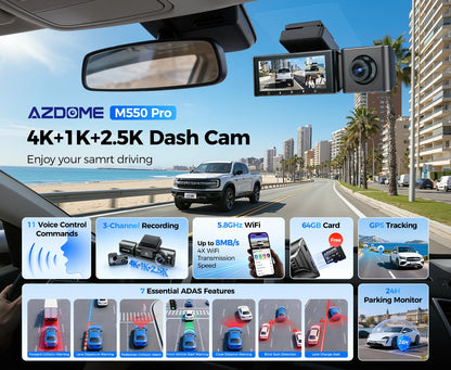 AZDOME M550 Pro 5.8Ghz WiFi 2/3 Channel Dash Cam 4K+2.5K Built-in GPS 3.19" IPS Screen Car DVR IR Night Vision 24H Parking Mode