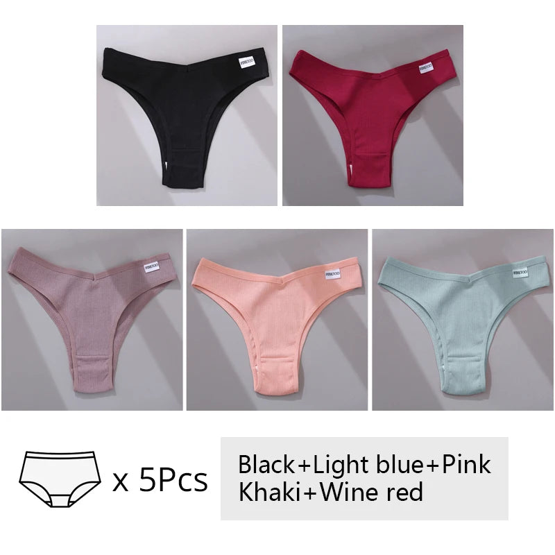 FINETOO 3/5Pcs Cotton Brazilian Panties Women's Panties Sexy V Waist T-Back Underwear Female Soft Underpants Lady Bikini Lingeri