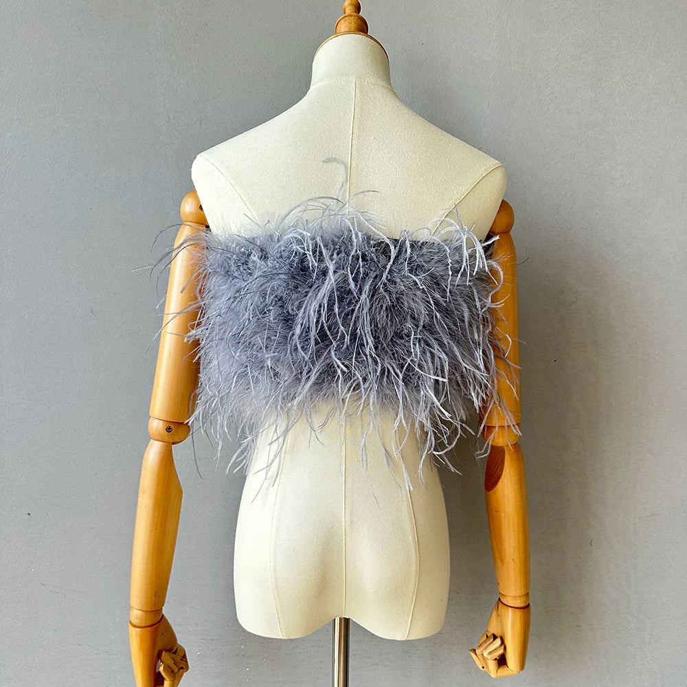 Jaxmonoy New Women Ostrich Feather Tube Spring Summer Sexy Stretch Top Bra Lady Party Wedding Fashion Sleeveless Cropped Top