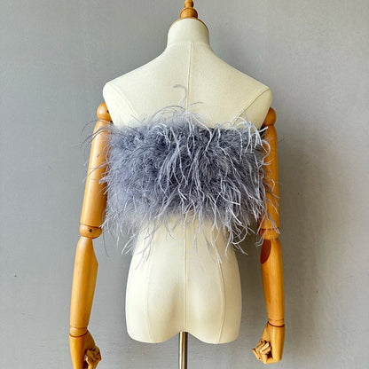Jaxmonoy New Women Ostrich Feather Tube Spring Summer Sexy Stretch Top Bra Lady Party Wedding Fashion Sleeveless Cropped Top