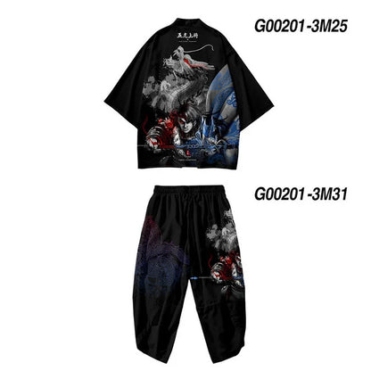 Large Size 5XL 6XL Japanese Kimono Cardigan Pants Set Print Fox Men Women Shirt Tradition Yukata Haori Obi Cosplay Costume