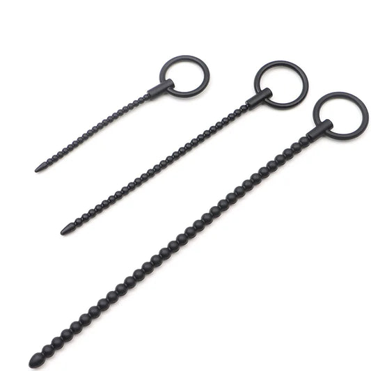Deep Sensation Self-Discovery: 3-Piece Silicone Beaded Urethral Sound Set with Safety Pull Ring Male Intimate Penis Plug Trainer