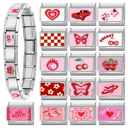 Wholesale Sweet Pink Series Stars Heart Flowers Butterfly Italian Link Fit 9mm Stainless Steel Bracelet Making DIY Charm Jewelry