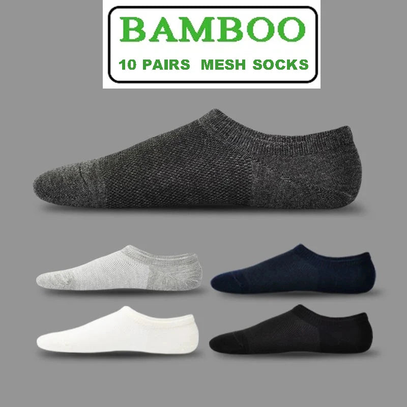 10Pairs Bamboo Socks Thin Summer Men's Invisible Socks Absorbent Deodorant Harajuku Bamboo Fiber Mesh Short Sock Black Plus Size