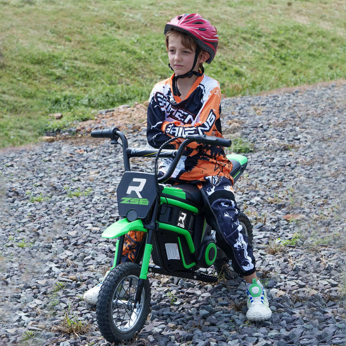 Electric motorcycle for children, off-road motorcycle, electric motorcycle for kids, 350 W engine, 12 V battery, 8–16 km/h, 12-inch pneumatic tires, green, children’s motorcycle
