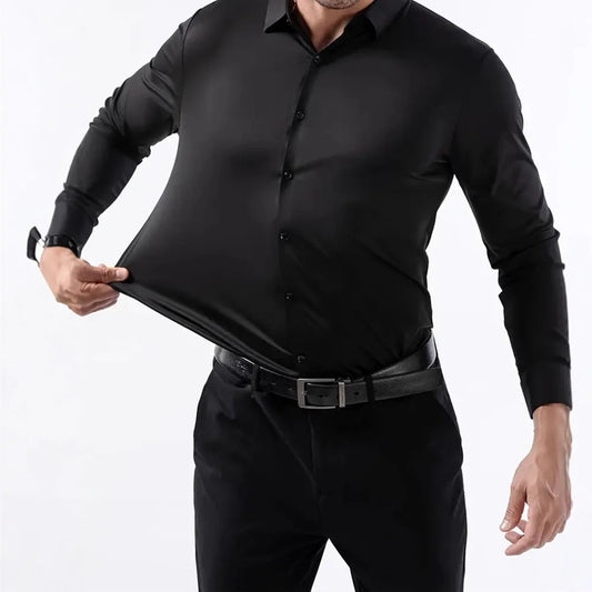 New Design Men's Solid Shirt Long Sleeve Autumn High Elasticity Casual Wrinkle Free No ironing Business Formal White Blue Social