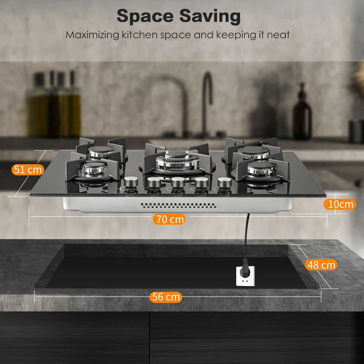 5 Burners 70 cm Glass with Automatic Flame Protection, Natural Gas Propane Gas, Built-in Gas Hob