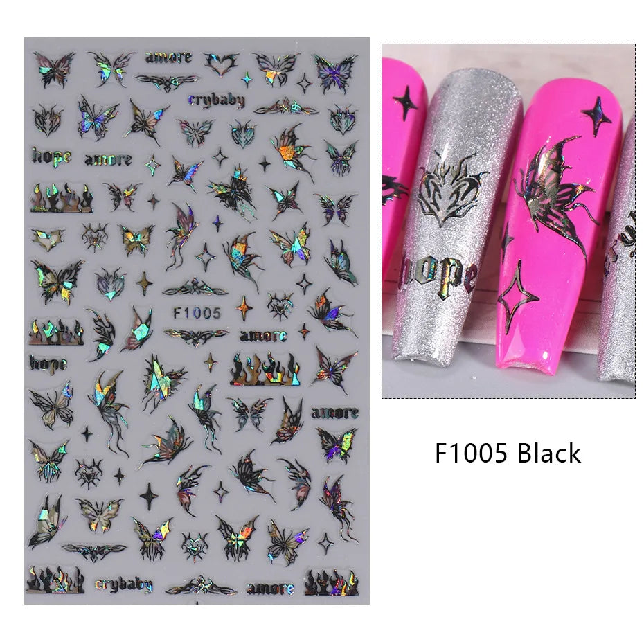 Black and White Love Flowers Line Art 3D Stickers Nail Decals Nail Art Accessories Butterfly Rose Nail Stickers Nail Sliders