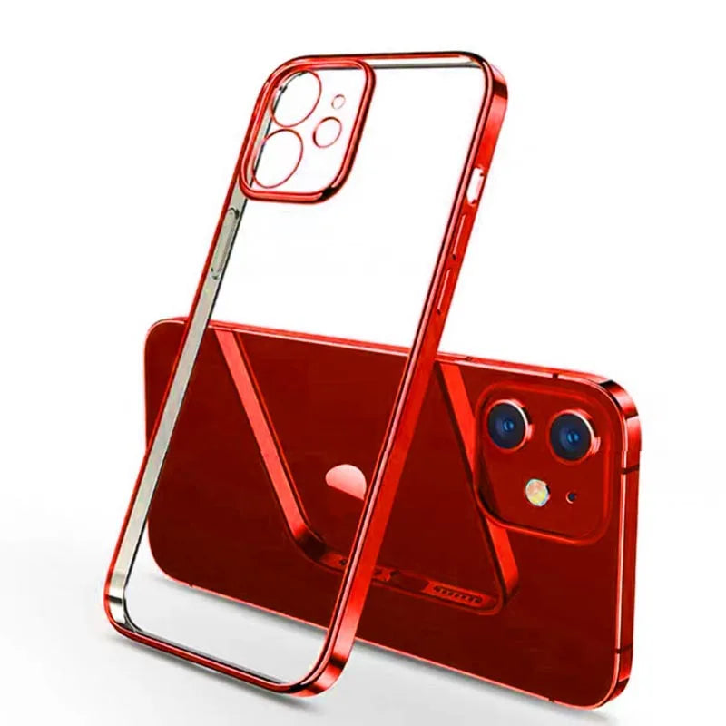 Luxury Plating Square Frame Silicone Transparent Case on For iPhone 11 12 13 14 15 Pro Max X XR XS Max 7 Plus Clear Back Cover