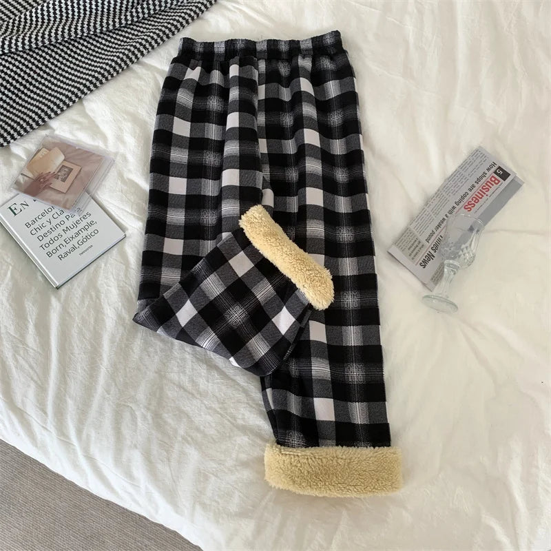 JMPRS Fashion Warm Plush Pants Thick Plaid Women Casual Loose Wide Leg Trousers Korean Streetwear Straight Student Pants New