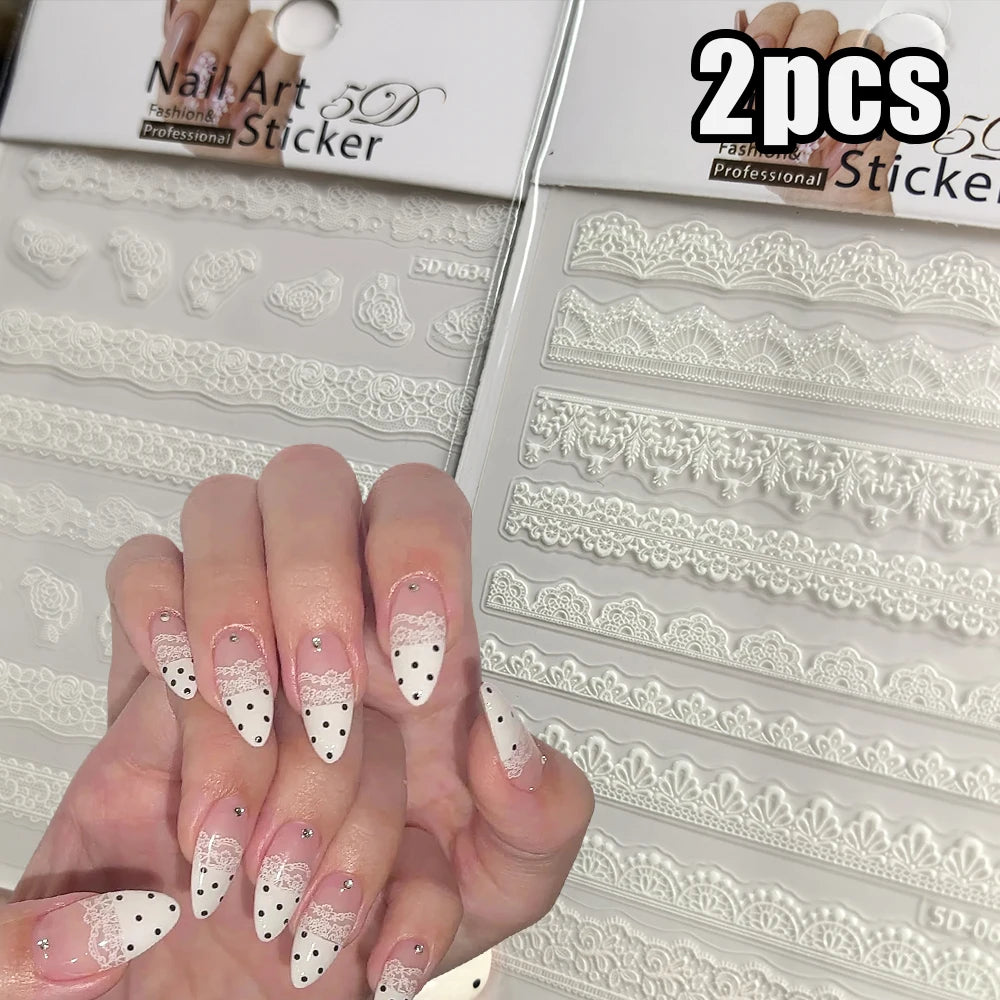 2pcs Y2K White Lace 5D Nail Art Stickers White Embossed Flowers Petals Elegant French Decals Wedding Nails Manicure Decorations*