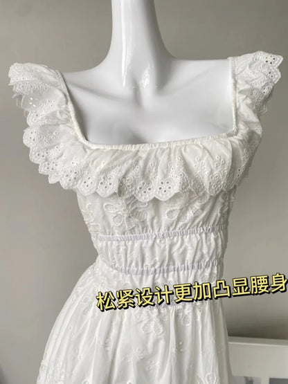 White Embroidered Hollow Out Dress For Women'S Summer Strapless Square Neck With A Unique Open Back Design, Slim Fit Long Skirt